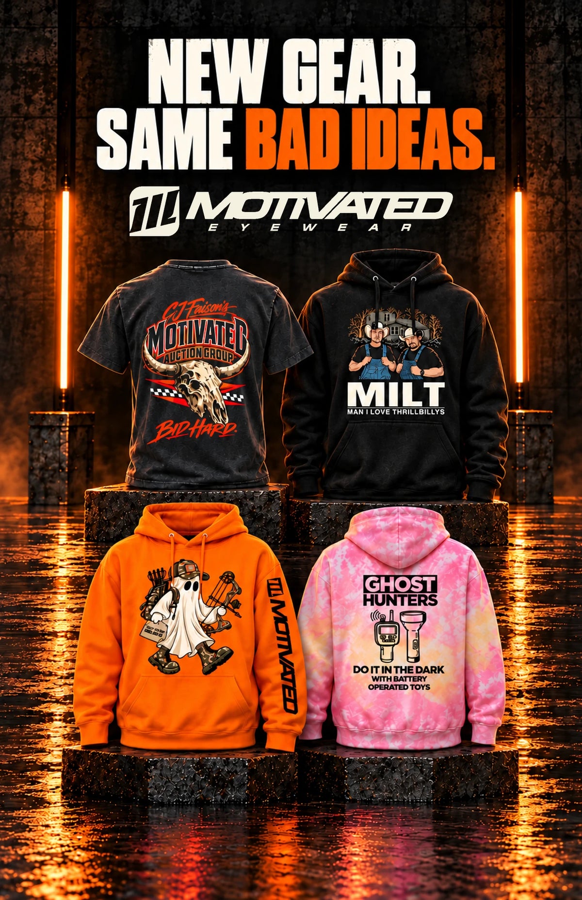 Motivated new merch mobile banner featuring the Bid Hard tee and three new hoodies. New Gear. Same Bad Ideas.